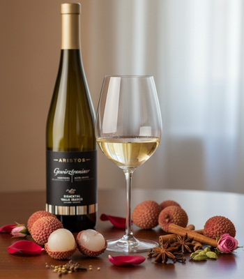 Gewürztraminer Wein neben Früchten auf Tisch